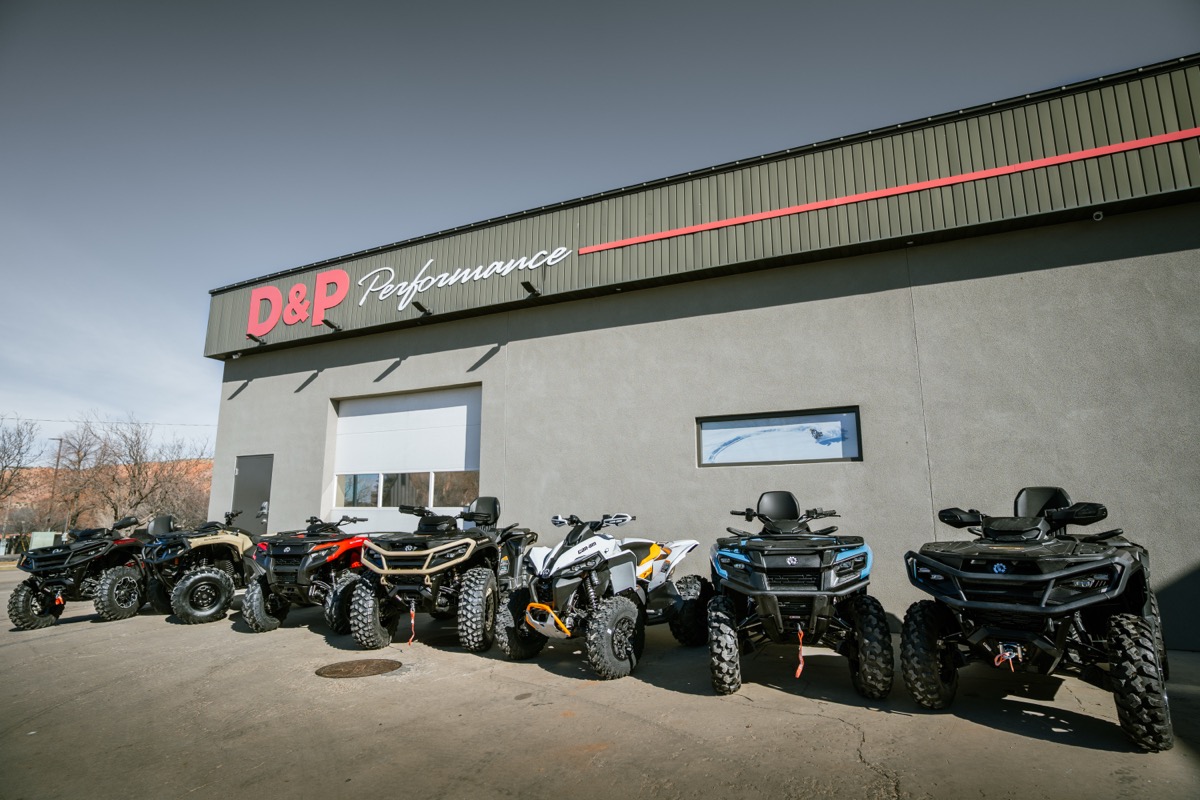 D&P Performance dealership storefront in Cedar City Utah with Can-Am ATVs lined up